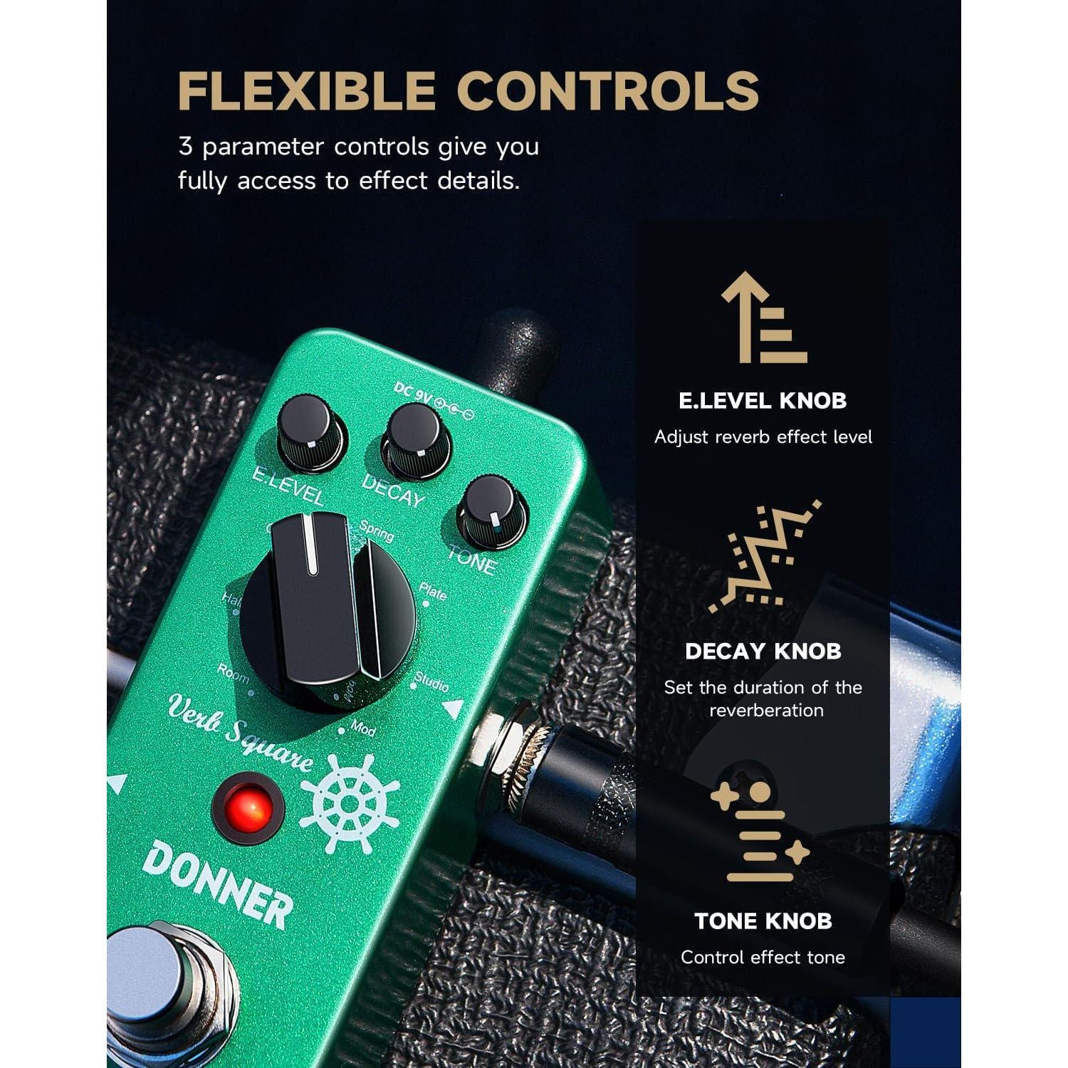 Donner Reverb Guitar Pedal, Verb Square Digital Reverb 7 Modes Room, Hall, Church, Spring, Plate, Studio, Mod, True Bypass,