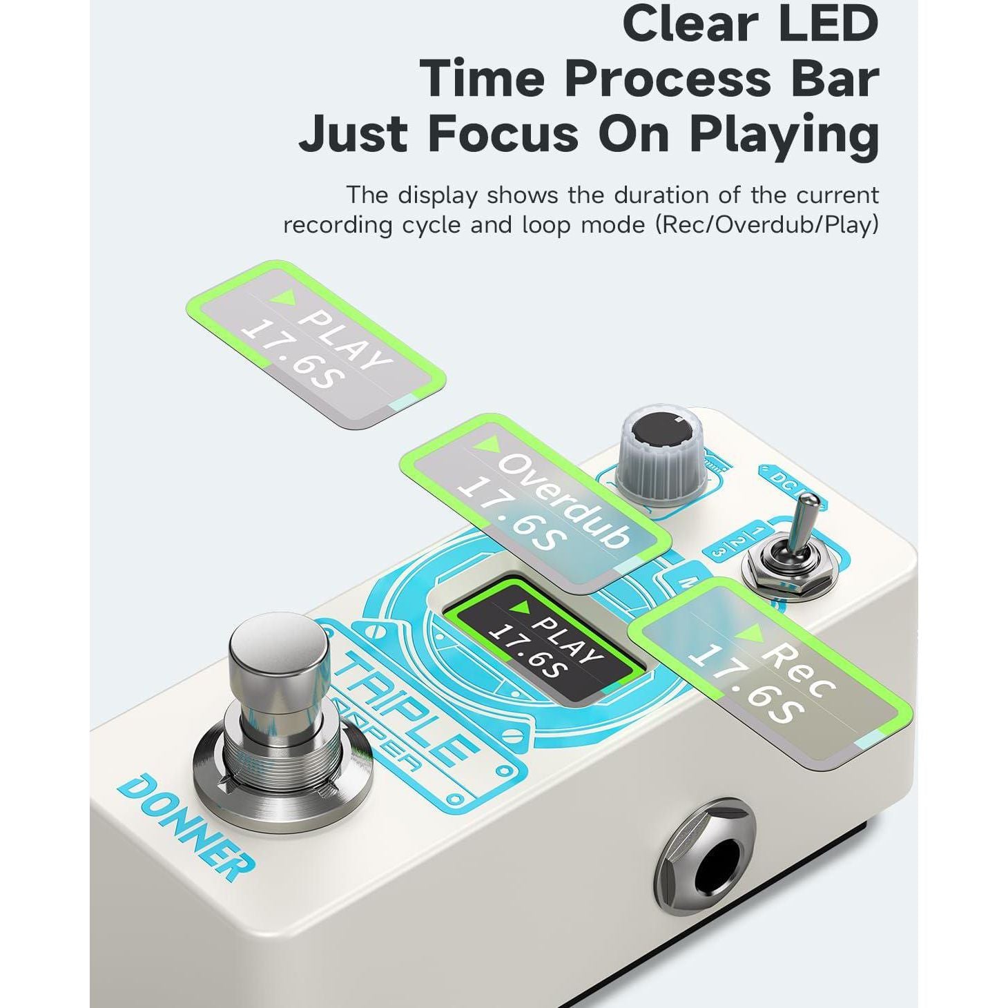 Donner Triple Looper Guitar Pedal, 90 Mins Looping Time Loop Pedal With Screen, 3 Loops Looper Pedal With Unlimited Overdubs Undo/Redo,