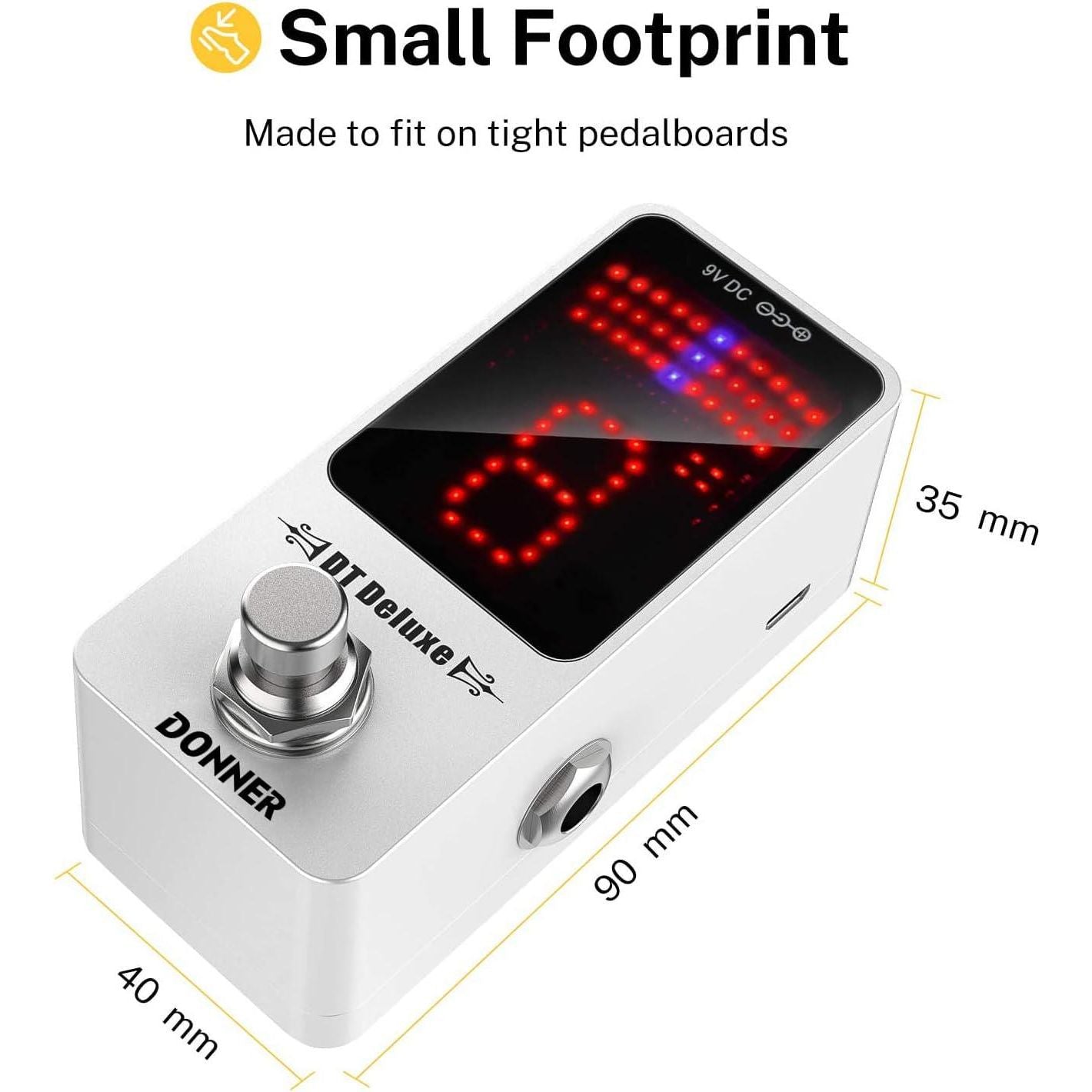 Donner Tuner Pedal, DT Deluxe Chromatic Guitar Tuner Pedal For Electric Guitar And Bass ± 1 Cent USB Or 9V Power Supply True Bypass,