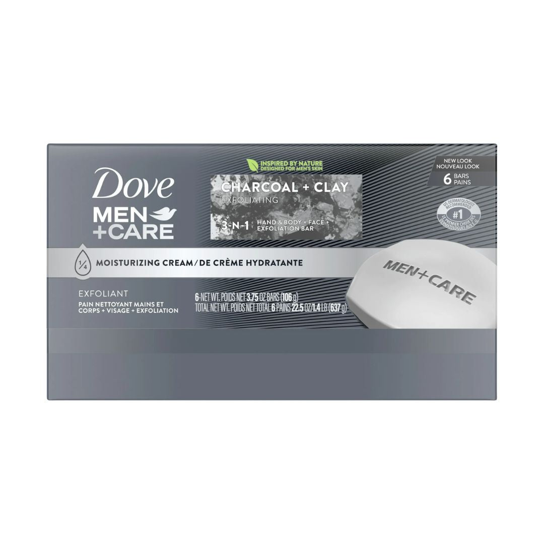 Dove Men +Care Charcoal + Clay Exfoliating 3-In-1 Bar Soap (Pack Of 6) 106g Each,011111005945,