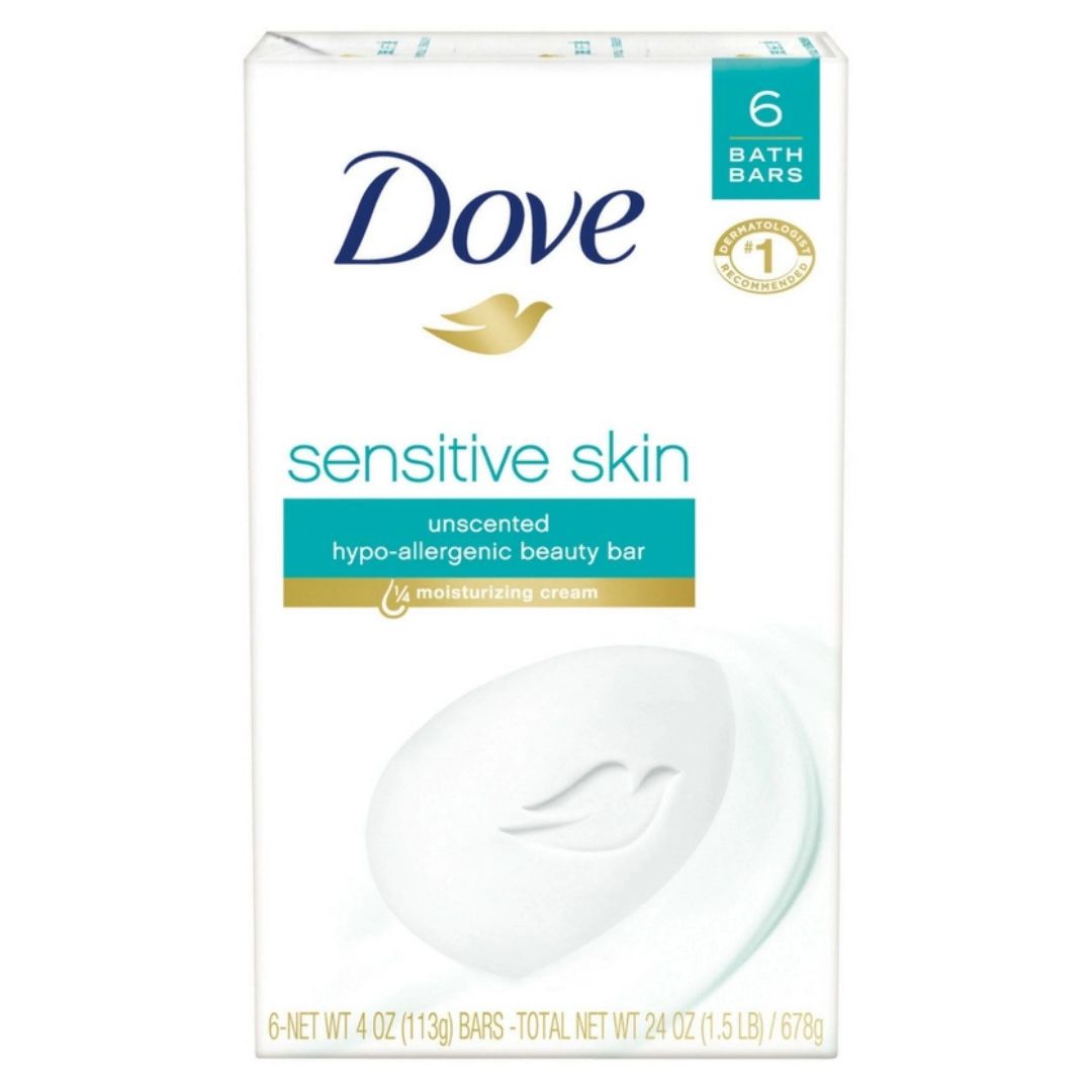 Dove Beauty Bar Sensitive Skin Unscented Hypoallergenic Soap (Pack Of 6) 113g Each,011111611641