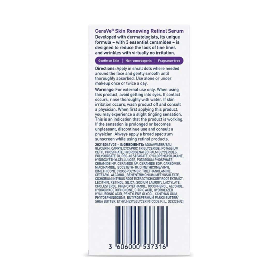 CeraVe Skin Renewing Retinol Serum 30ml back ingredients barcode