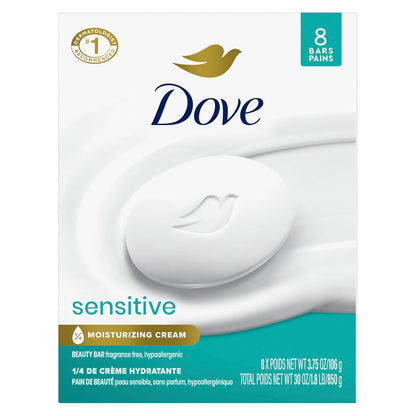 Dove Dove Beauty Bar Soap Sensitive, 8 Bars For Sensitive Skin, Fragrance Free And Hypoallergenic 3.75 Oz