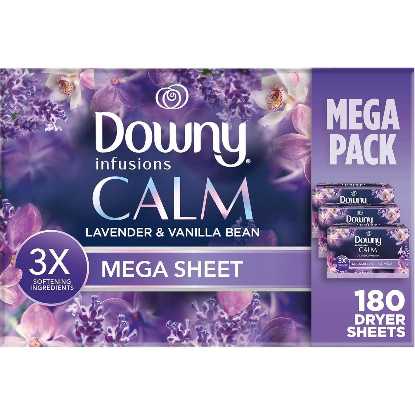 Downy Infusions Mega Dryer Sheets, Laundry Fabric Softener, Calm Lavender & Vanilla Bean, 180 Count (3 Boxes of 60 Sheets)