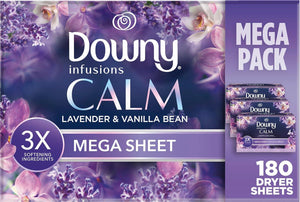 Downy Infusions Mega Dryer Sheets, Laundry Fabric Softener, Calm Lavender & Vanilla Bean, 180 Count (3 Boxes of 60 Sheets)