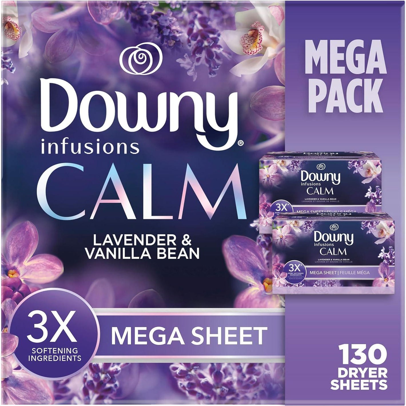 Downy Infusions Mega Dryer Sheets, Laundry Fabric Softener, Calm Lavender & Vanilla Bean, 130 Count