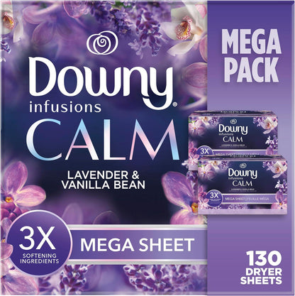 Downy Infusions Mega Dryer Sheets, Laundry Fabric Softener, Calm Lavender & Vanilla Bean, 130 Count