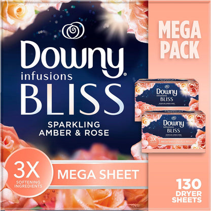 Downy Downy Infusions Mega Dryer Sheets, Laundry Fabric Softener, BLISS, Amber And Rose, 130 Count
