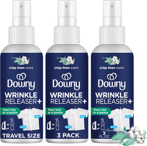 Downy Downy Wrinkle Release Spray, Travel Size Spray, All In One Formula, Removes Wrinkles, Static And Odor Eliminator, Crisp Linen Scent, 3 Fl Oz, Pack Of 3