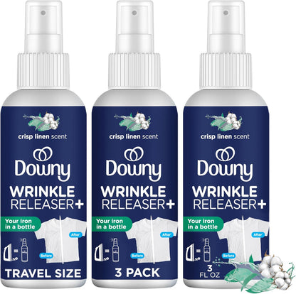 Downy Downy Wrinkle Release Spray, Travel Size Spray, All In One Formula, Removes Wrinkles, Static And Odor Eliminator, Crisp Linen Scent, 3 Fl Oz, Pack Of 3