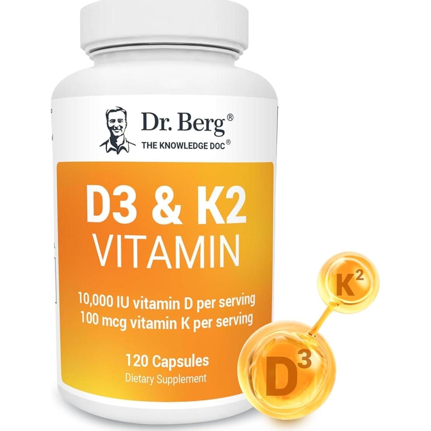 Dr Berg Vitamin D3 & K2 with MCT Powder, 10,000 IU D3, 100 mcg MK7 K2, Zinc, Magnesium for Maximum Absorption, 120 Capsules