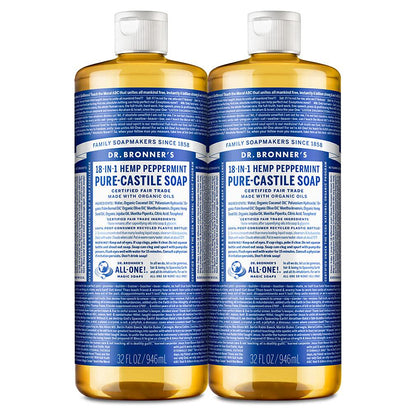 Dr. Bronner's Dr. Bronner's - Pure-Castile Liquid Soap (Peppermint, 32 Ounce, 2-Pack) - Made With Organic Oils, 18-in-1 Uses: Face, Body, Hair, Laundry, Pets And Dishes, Concentrated, Vegan, Non-GMO