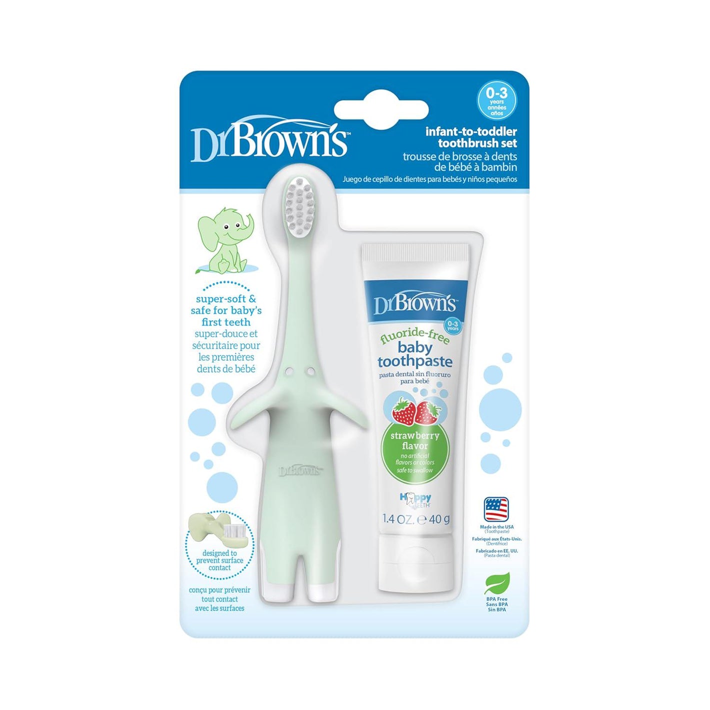 Dr. Brown's Dr. Brown's Infant-to-Toddler Training Toothbrush Set, Mint Elephant With Fluoride-Free Strawberry Baby Toothpaste, 0-3 Years (Styles May Vary)