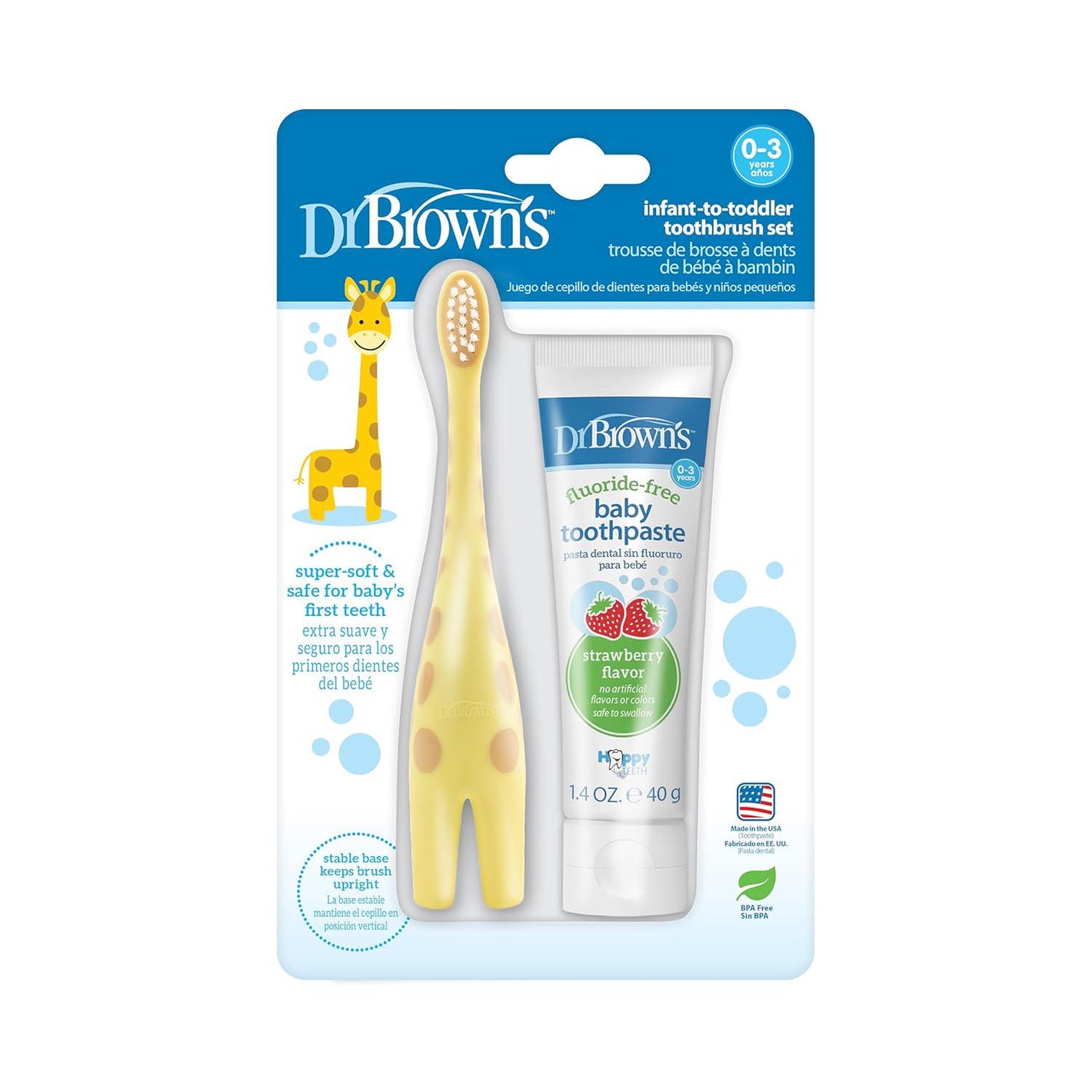 Dr Brown's Infant to Toddler Training Toothbrush Set, Fluoride-Free Baby Toothpaste, Strawberry Giraffe, 14oz, 0-3 Years