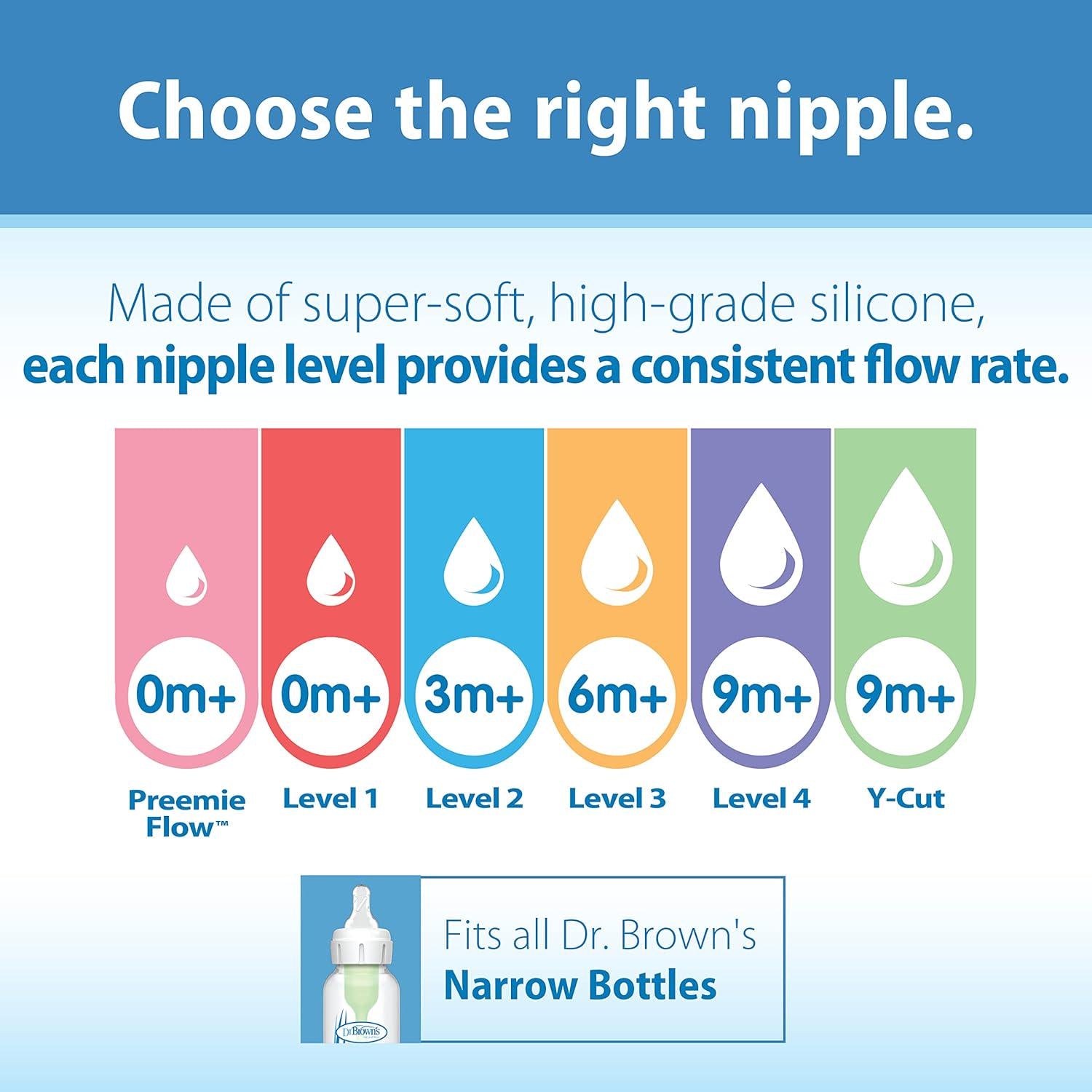 Dr. Brown S Natural Flow Y-Cut Narrow Baby Bottle Silicone Nipple, Ideal For Thicker Liquids, 9m+, 100% Silicone Bottle Nipple, 6 Count,