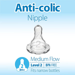 Dr. Brown S Natural Flow Level 2 Narrow Baby Bottle Silicone Nipple, Medium Flow, 3m+, 100% Silicone Bottle Nipple, 6 Count,