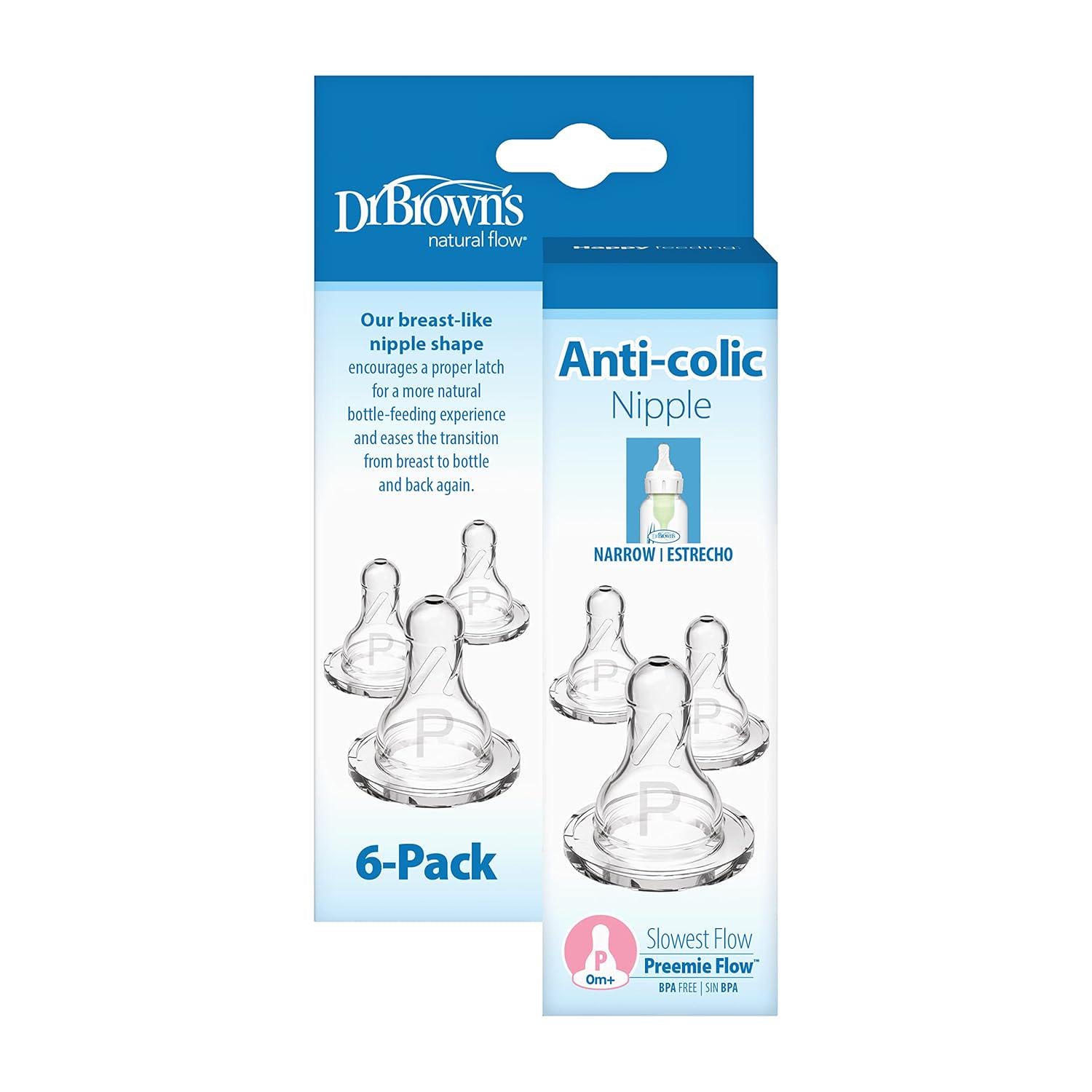 Dr. Brown S Natural Flow Preemie Flow Narrow Baby Bottle Silicone Nipple, Slowest Flow, 0m+, 100% Silicone Bottle Nipple, 6 Count(Pack Of 1),