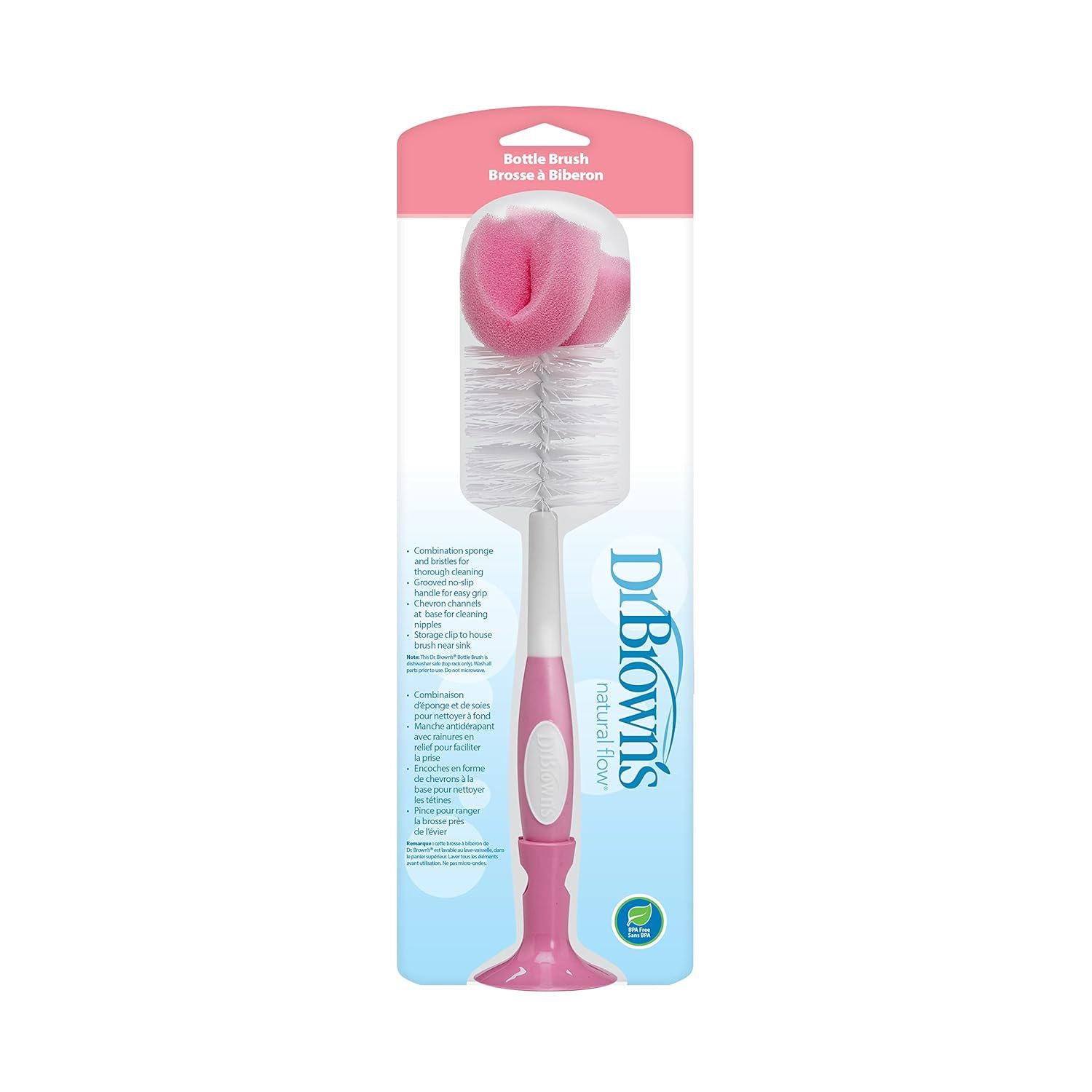 Dr. Brown's Reusable Sponge Baby Bottle Cleaning Brush With Suction Cup Stand, Scrubber And Nipple Cleaner, Pink 1-Pack,072239300282