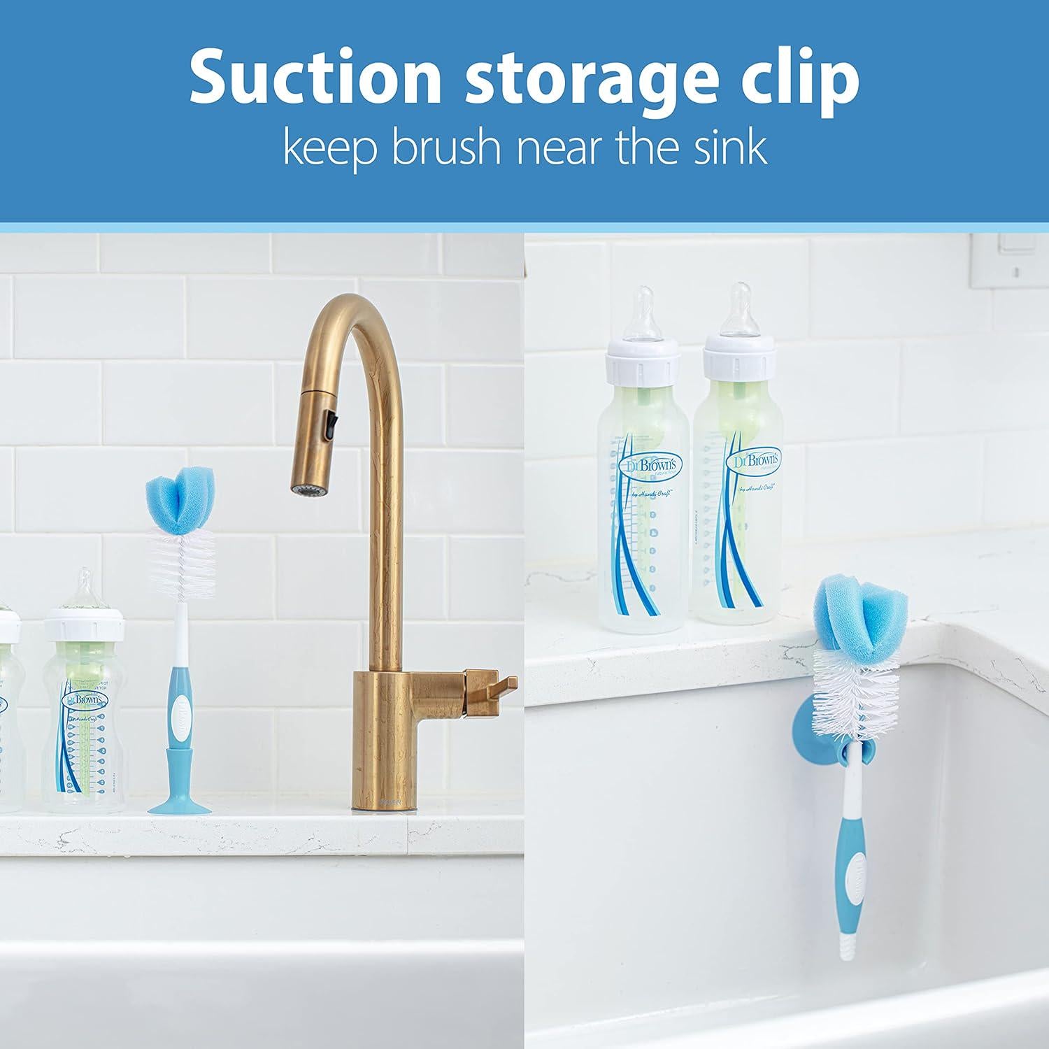 Dr. Brown's Reusable Sponge Baby Bottle Cleaning Brush With Suction Cup Stand, Scrubber And Nipple Cleaner, Blue 1-Pack,072239007006