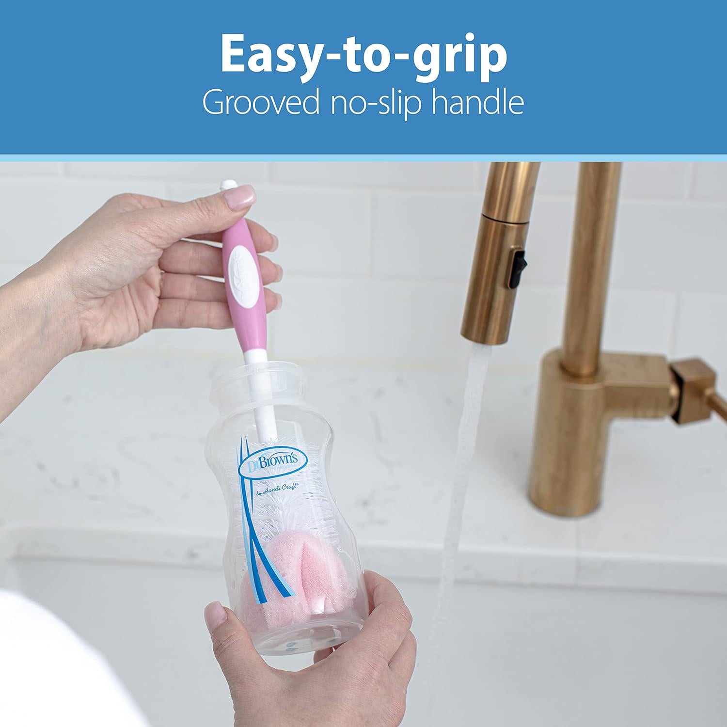 Dr. Brown's Reusable Sponge Baby Bottle Cleaning Brush Set With Suction Cup Stand, Scrubber And Nipple Cleaner, Pink, 3 Pack,072239327791