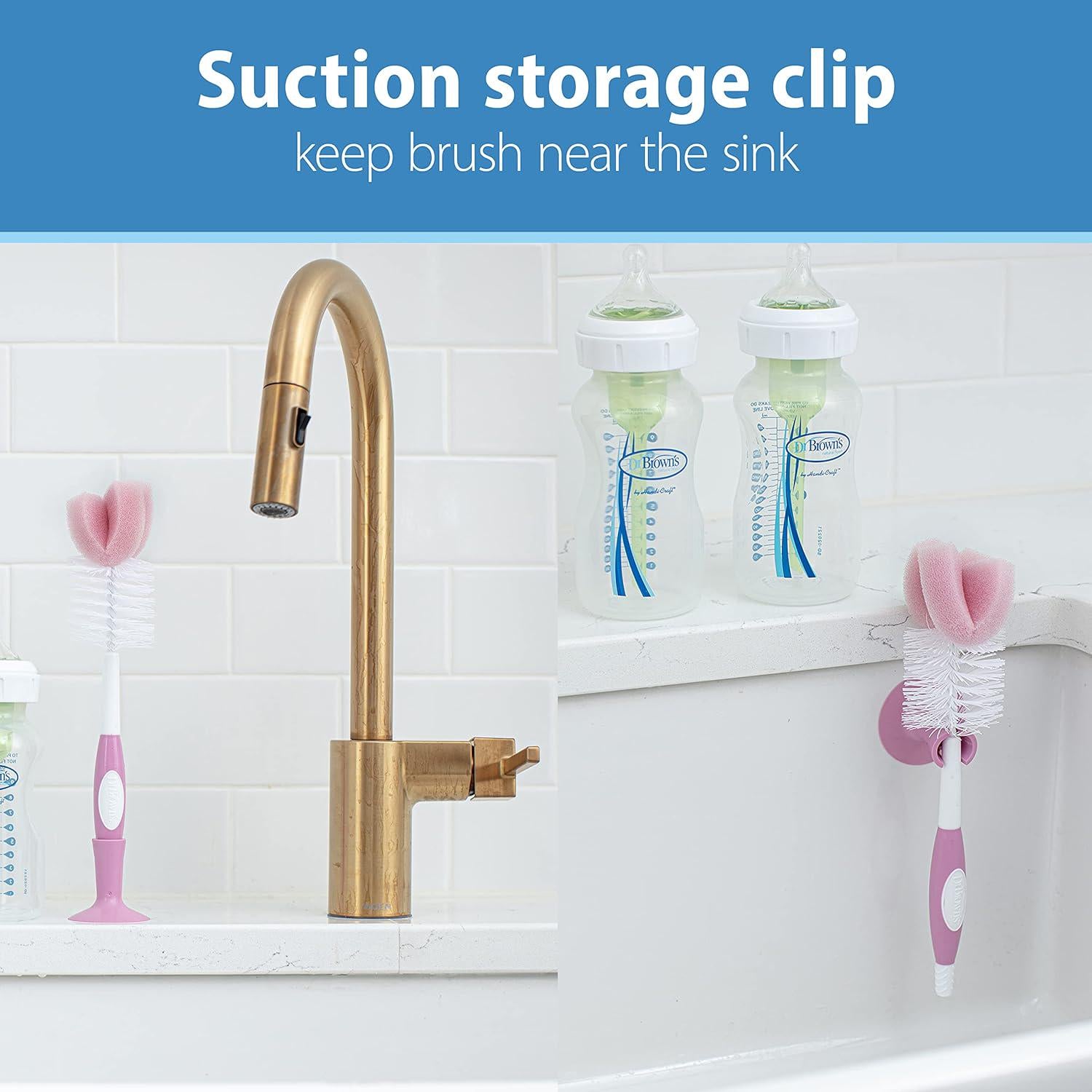 Dr. Brown's Reusable Sponge Baby Bottle Cleaning Brush Set With Suction Cup Stand, Scrubber And Nipple Cleaner, Pink, 3 Pack,072239327791