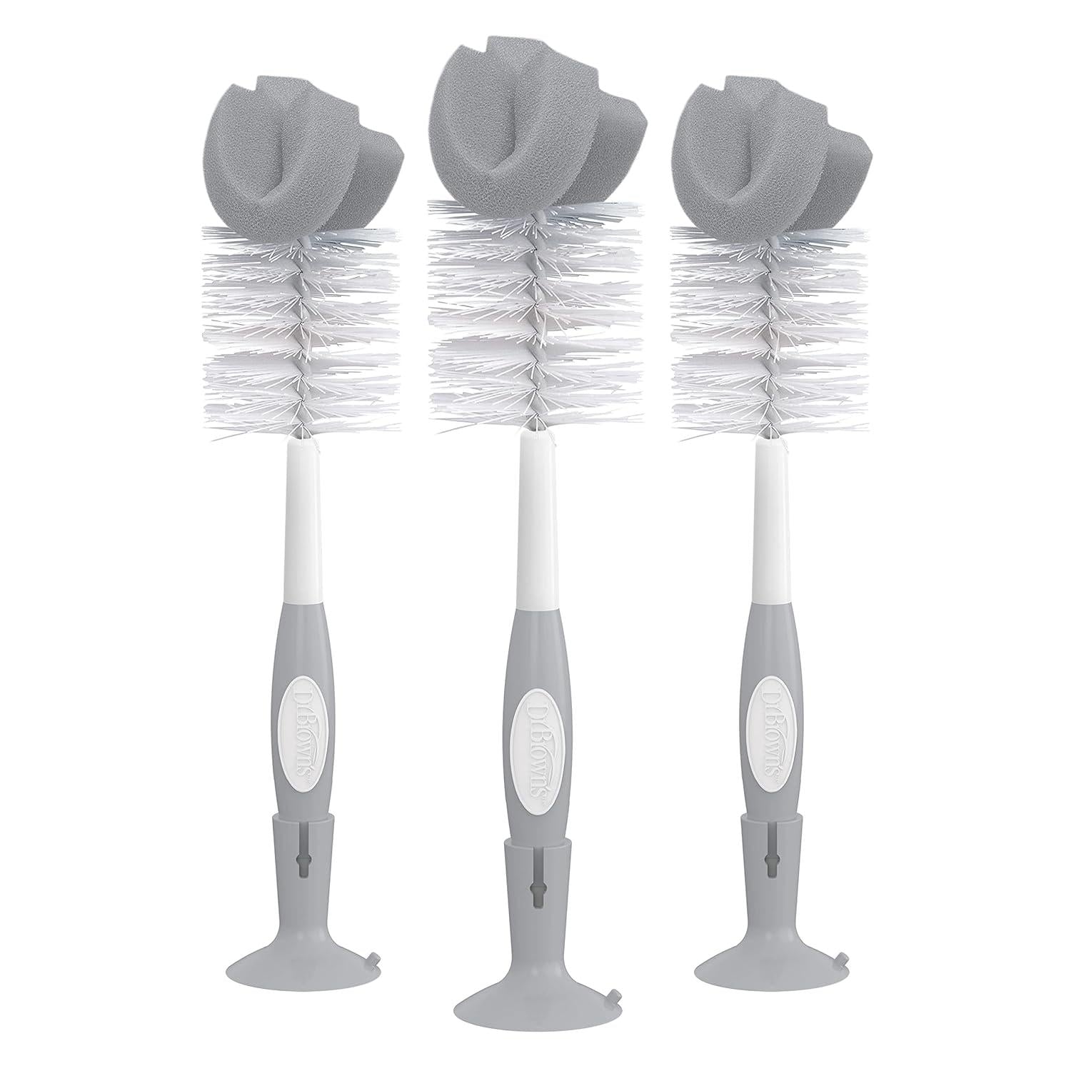 Dr. Brown's Reusable Sponge Baby Bottle Cleaning Brush Set With Suction Cup Stand, Scrubber And Nipple Cleaner, Gray, 3 Pack,072239327807