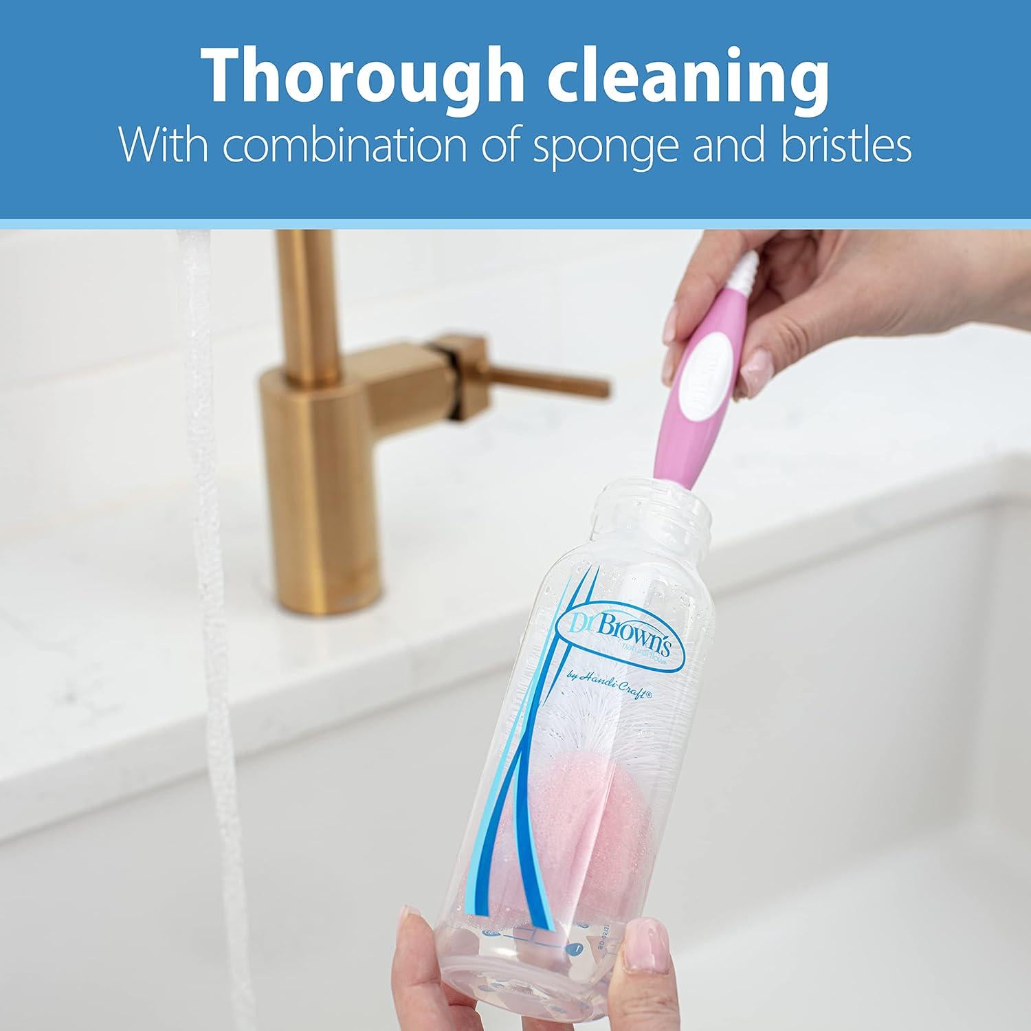 Dr. Brown's Reusable Sponge Baby Bottle Cleaning Brush Set With Suction Cup Stand, Scrubber And Nipple Cleaner, Pink, 3 Pack,072239327791