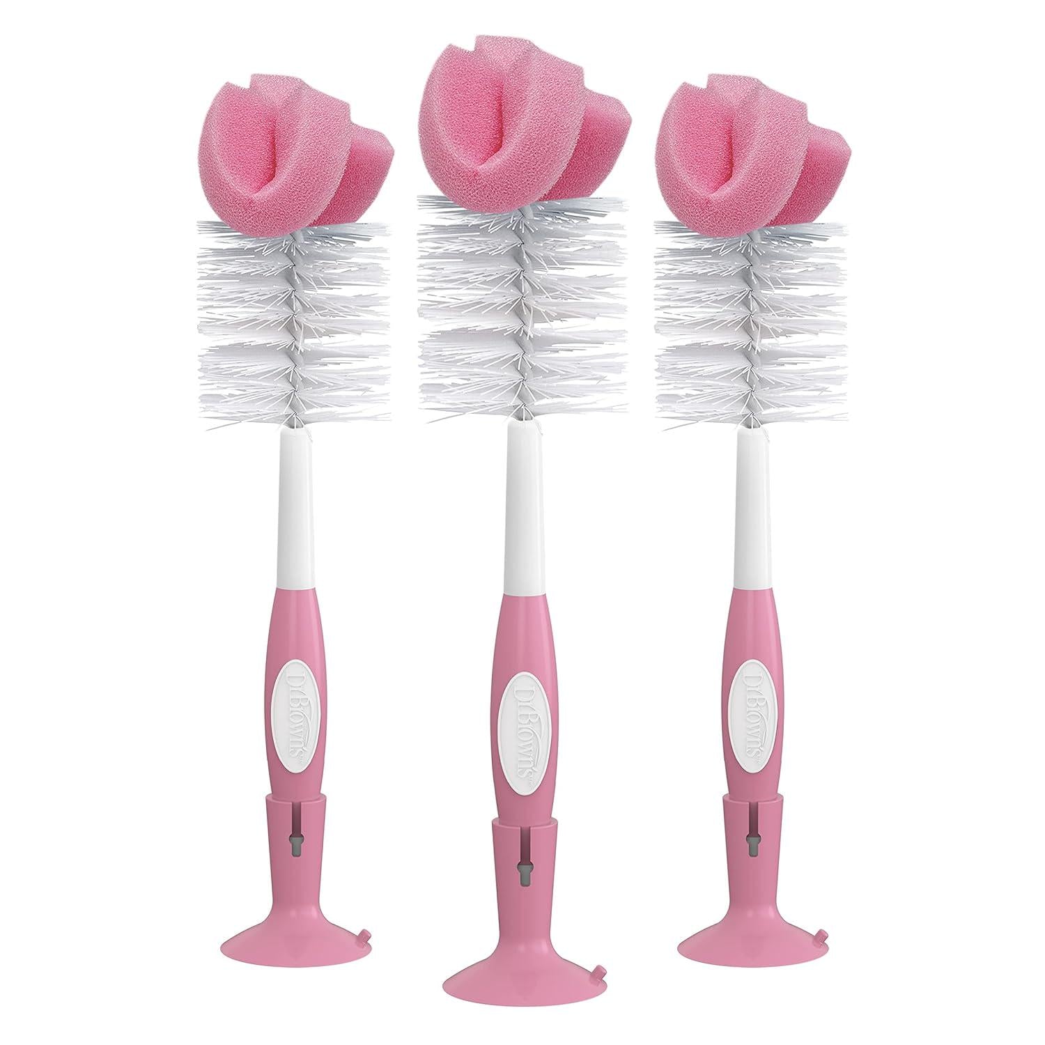 Dr. Brown's Reusable Sponge Baby Bottle Cleaning Brush Set With Suction Cup Stand, Scrubber And Nipple Cleaner, Pink, 3 Pack,072239327791