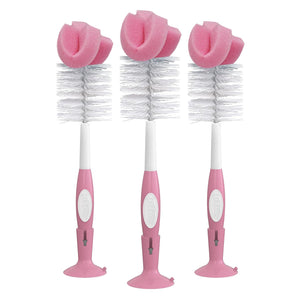Dr. Brown's Reusable Sponge Baby Bottle Cleaning Brush Set With Suction Cup Stand, Scrubber And Nipple Cleaner, Pink, 3 Pack,072239327791
