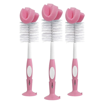Dr. Brown's Reusable Sponge Baby Bottle Cleaning Brush Set With Suction Cup Stand, Scrubber And Nipple Cleaner, Pink, 3 Pack,072239327791