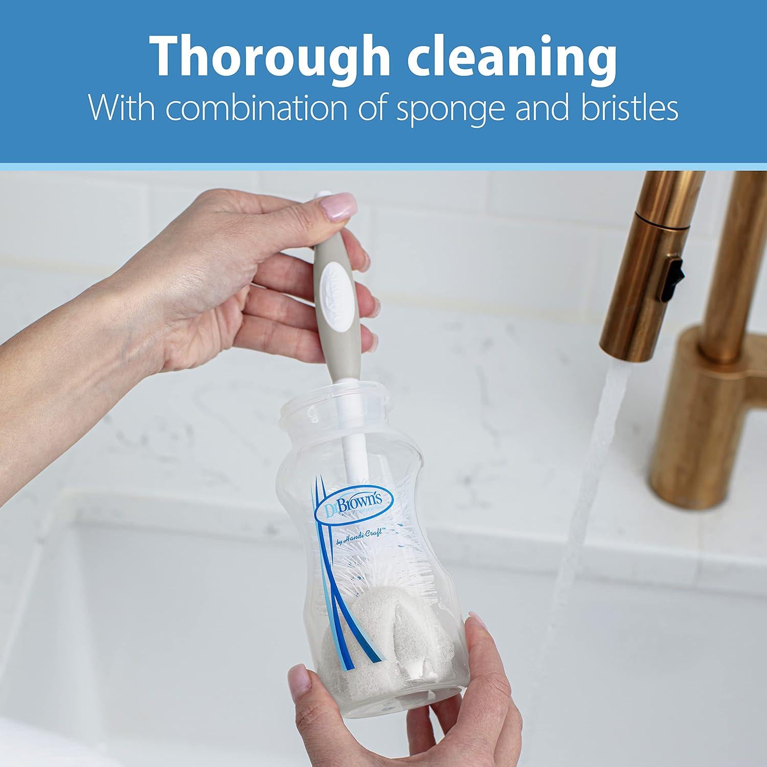Dr. Brown's Reusable Sponge Baby Bottle Cleaning Brush Set With Suction Cup Stand, Scrubber And Nipple Cleaner, Gray, 3 Pack,072239327807