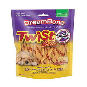 DreamBone Twist Sticks Dog Chews 50 Count Bacon & Cheese Flavor Rawhide Free Treats