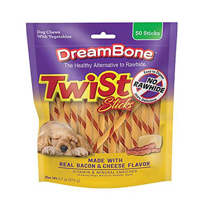 DreamBone Twist Sticks Dog Chews 50 Count Bacon & Cheese Flavor Rawhide Free Treats