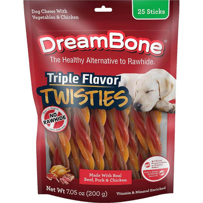DreamBone Twisties Triple Flavor Dog Chews 7.05 oz 25 Count Real Beef Pork Chicken Rawhide Free