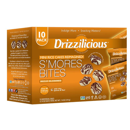 Drizzilicious Drizzilicious Mini Rice Cakes S'mores - Rice Crisps, Healthy Snack For Adults And Kids, Flavored Rice Cakes, Vegan, Gluten Free, Allergen Free, Only 90 Calories Per Bag - 0.74 Oz (Pack Of 10)