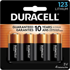 Duracell 123 Lithium Battery, 3V High Power, 4 Count Pack for Home Safety & Security Devices