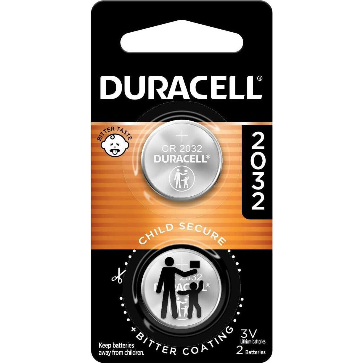 Duracell 2032 Lithium Battery, 2 Count, Child Safety Features, Compatible with Apple Airtag, Key Fob & Other Devices, CR2032 3V Coin Cell Battery