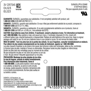 DURACELL Duracell CR123A 3V Lithium Battery, 2 Count Pack, 123 3 Volt High Power Lithium Battery, Long-Lasting For Home Safety And Security Devices, High-Intensity Flashlights, And Home Automation