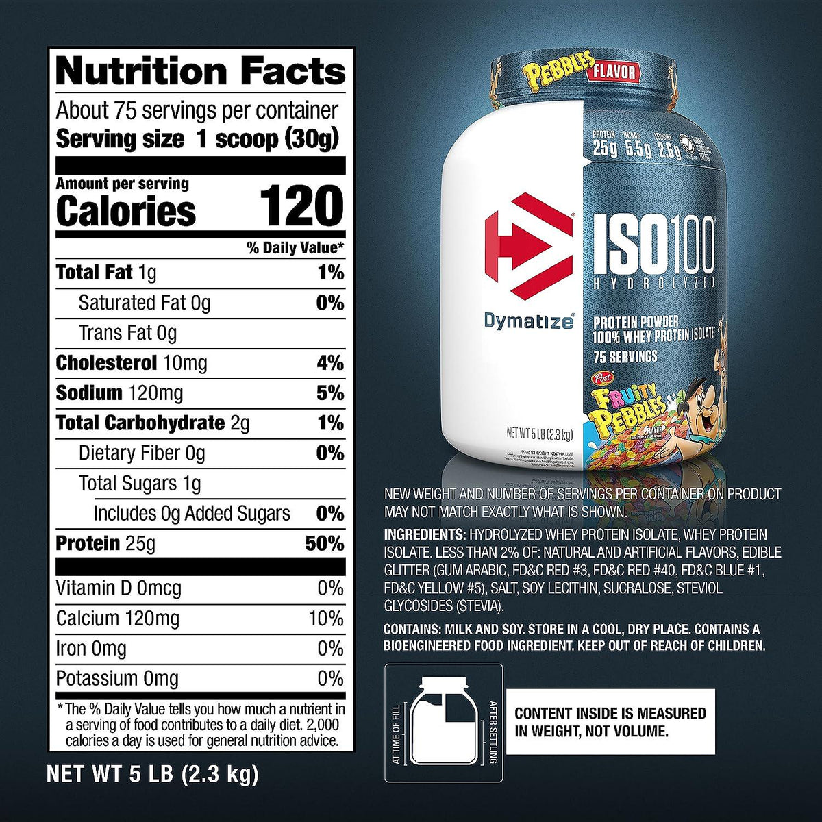 Dymatize ISO100 Hydrolyzed Protein Powder, 100% Whey Isolate, 25g Of Protein, 5.5g BCAAs, Gluten Free, Fast Absorbing, Easy Digesting, Fruity Pebbles, 5 Pound,