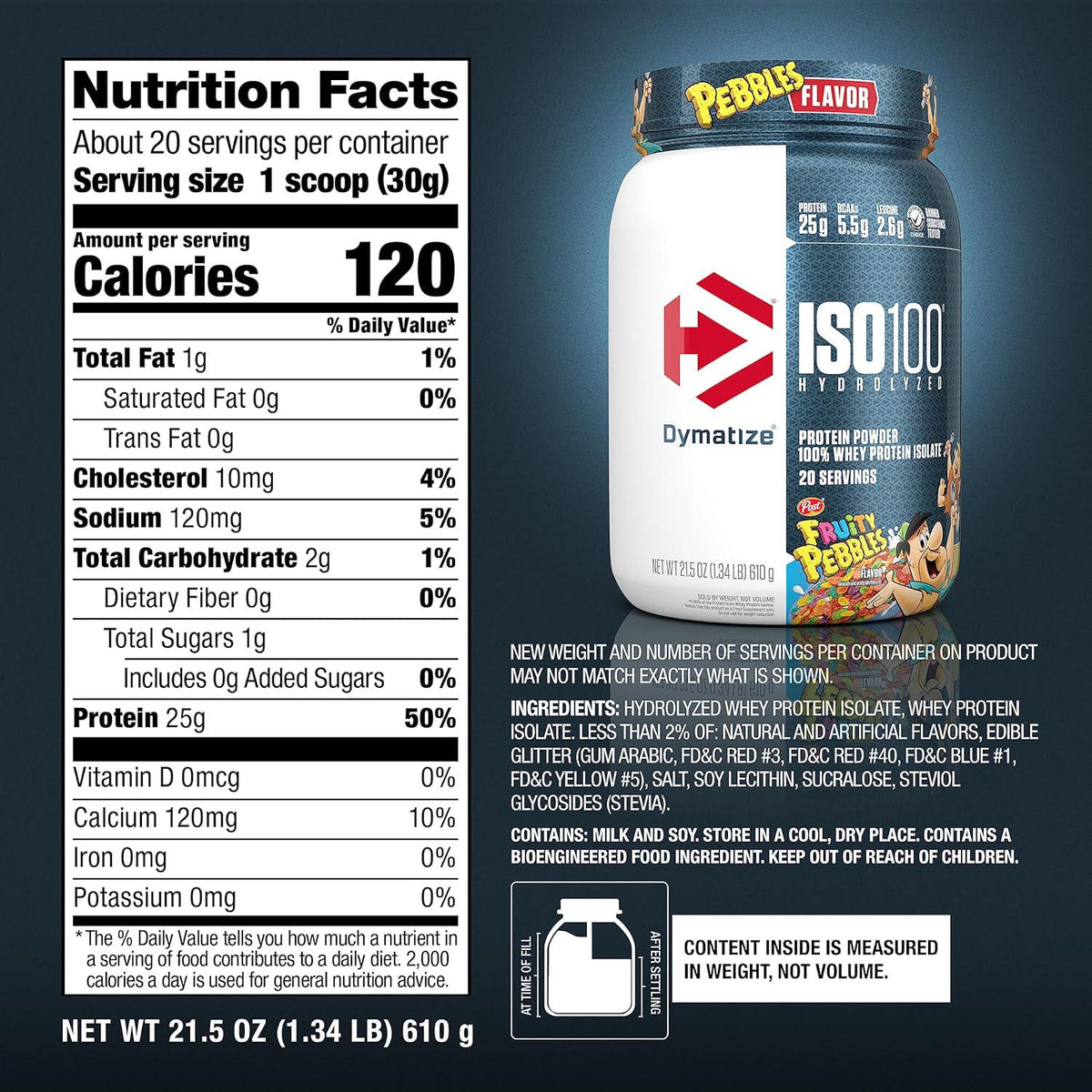 Dymatize ISO100 Hydrolyzed Protein Powder, 100% Whey Isolate, 25g Of Protein, 5.5g BCAAs, Gluten Free, Fast Absorbing, Easy Digesting, Fruity Pebbles, 20 Servings,