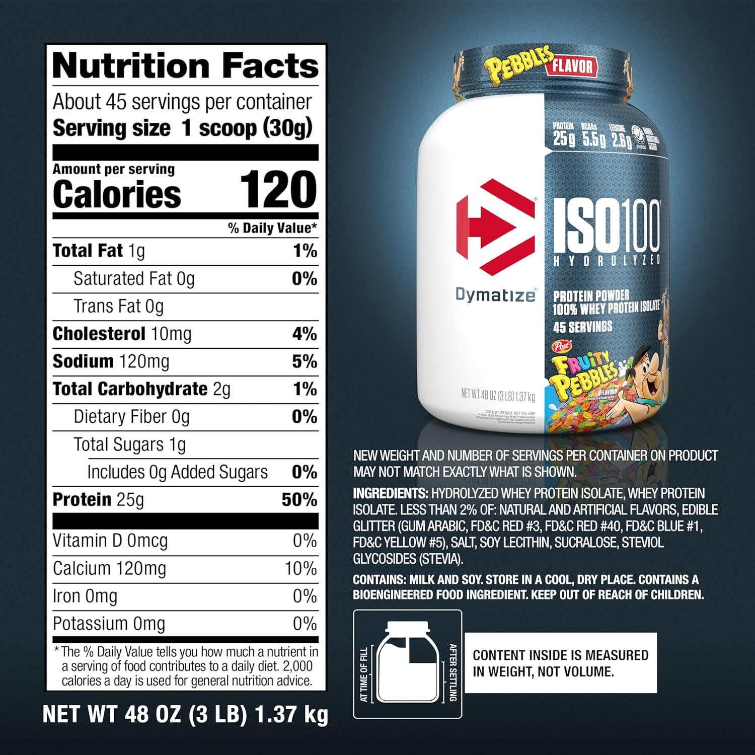 Dymatize ISO100 Hydrolyzed Protein Powder, 100% Whey Isolate, 25g Of Protein, 5.5g BCAAs, Gluten Free, Fast Absorbing, Easy Digesting, Fruity Pebbles, 3 Pound,