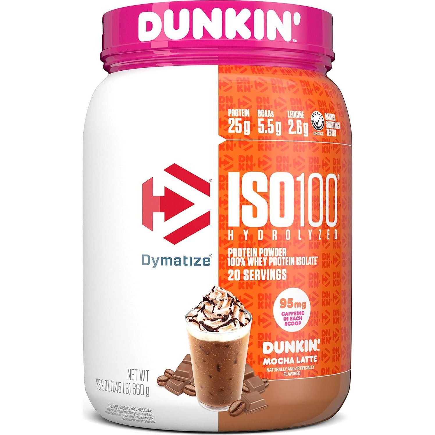 Dymatize ISO100 Hydrolyzed Protein Powder In Dunkin' Mocha Latte Flavor, 100% Whey Isolate Protein, 25g Protein, 95mg Caffeine, 5.5g BCAAs, Gluten Free, Fast Absorbing, Easy Digesting, 20 Servings,