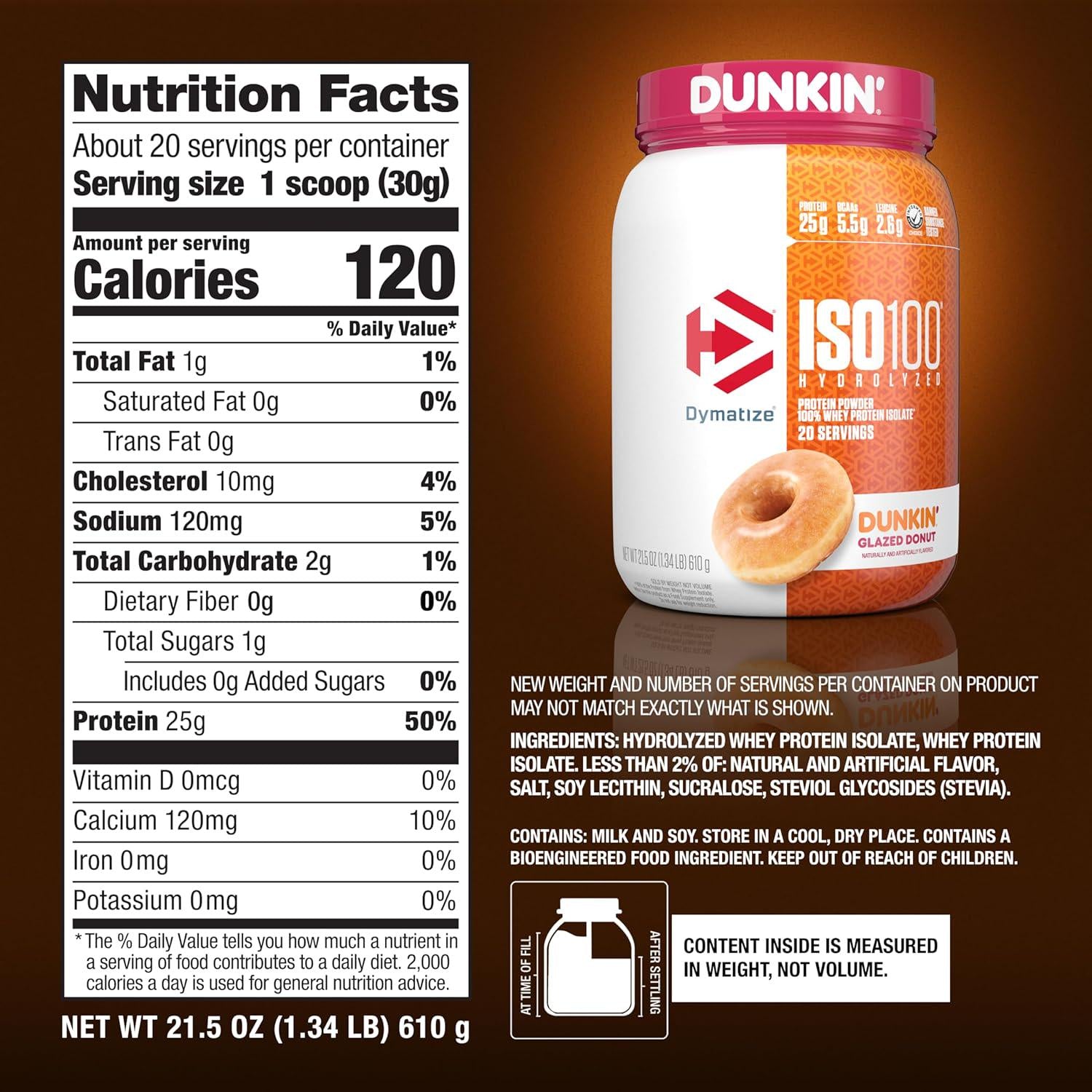 Dymatize ISO100 Hydrolyzed Protein Powder, 100% Whey Isolate, Dunkin' Glazed Donut Flavor, 20 Servings, Gluten-Free,