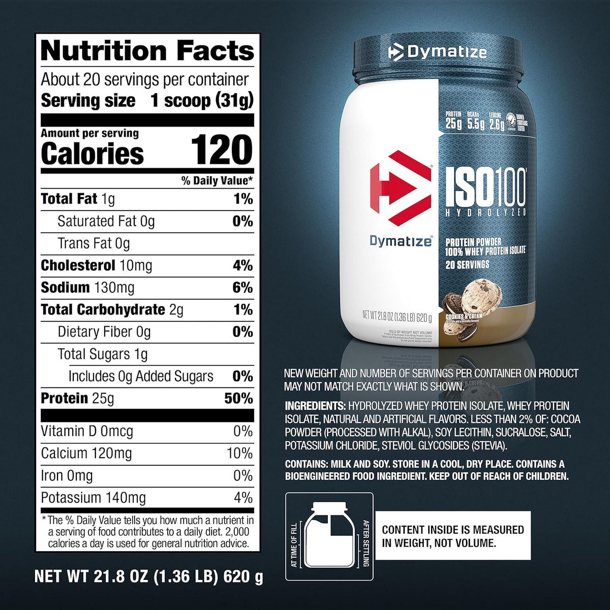 Dymatize ISO100 Hydrolyzed Protein Powder, 100% Whey Isolate Protein, 25g Of Protein, 5.5g BCAAs, Gluten Free, Fast Absorbing, Easy Digesting, Cookies And Cream, 20 Servings,