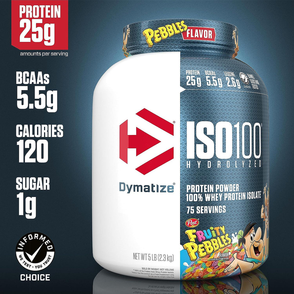 Dymatize ISO100 Hydrolyzed Protein Powder, 100% Whey Isolate, 25g Of Protein, 5.5g BCAAs, Gluten Free, Fast Absorbing, Easy Digesting, Fruity Pebbles, 5 Pound,