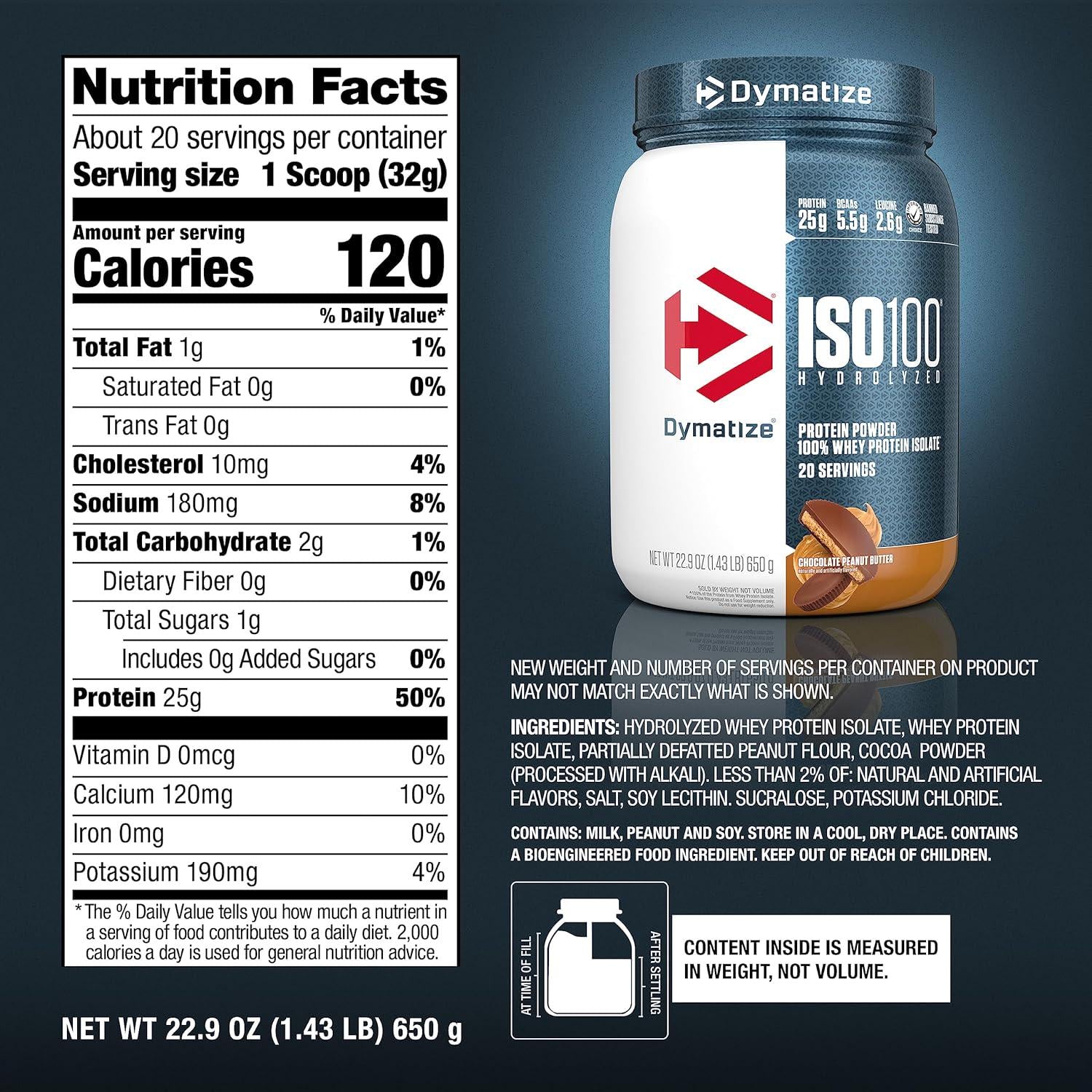 Dymatize ISO100 Whey Protein Powder With 25g Of Hydrolyzed 100% Whey Isolate, Gluten Free, Fast Digesting, Chocolate Peanut Butter, 20 Servings,