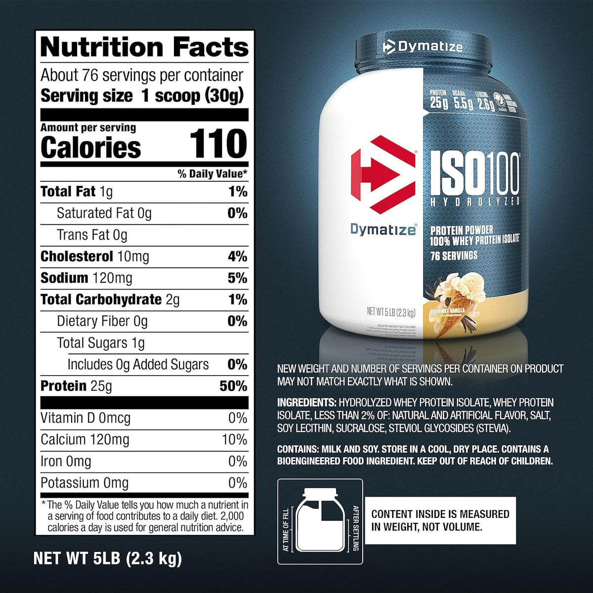 Dymatize ISO 100 Whey Protein Powder With 25g Of Hydrolyzed 100% Whey Isolate, Vanilla 5 Pound, Package May Vary,
