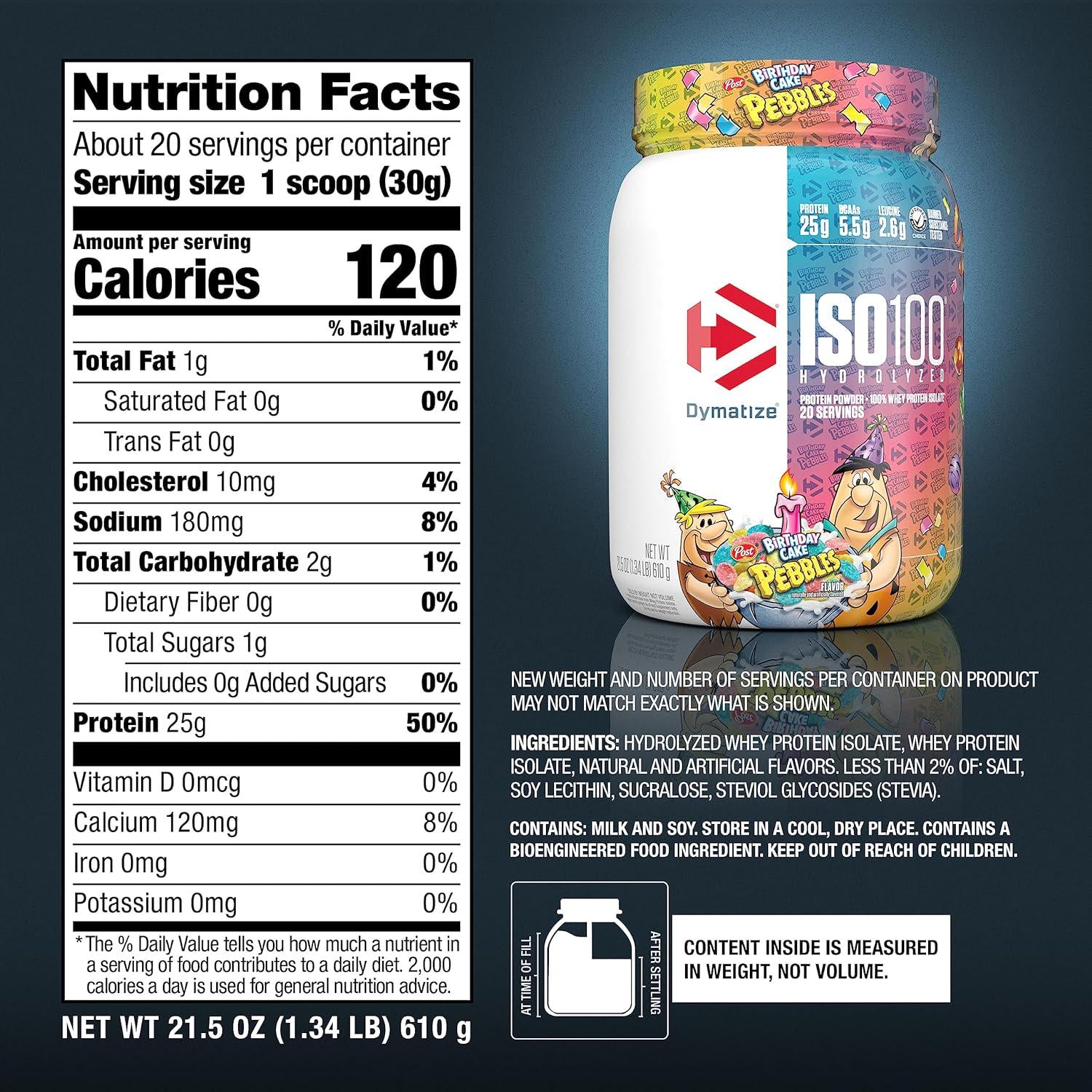 Dymatize ISO 100 Whey Protein Powder With 25g Of Hydrolyzed 100% Whey Isolate, Gluten Free, Fast Digesting, Birthday Cake Pebbles, 20 Servings,