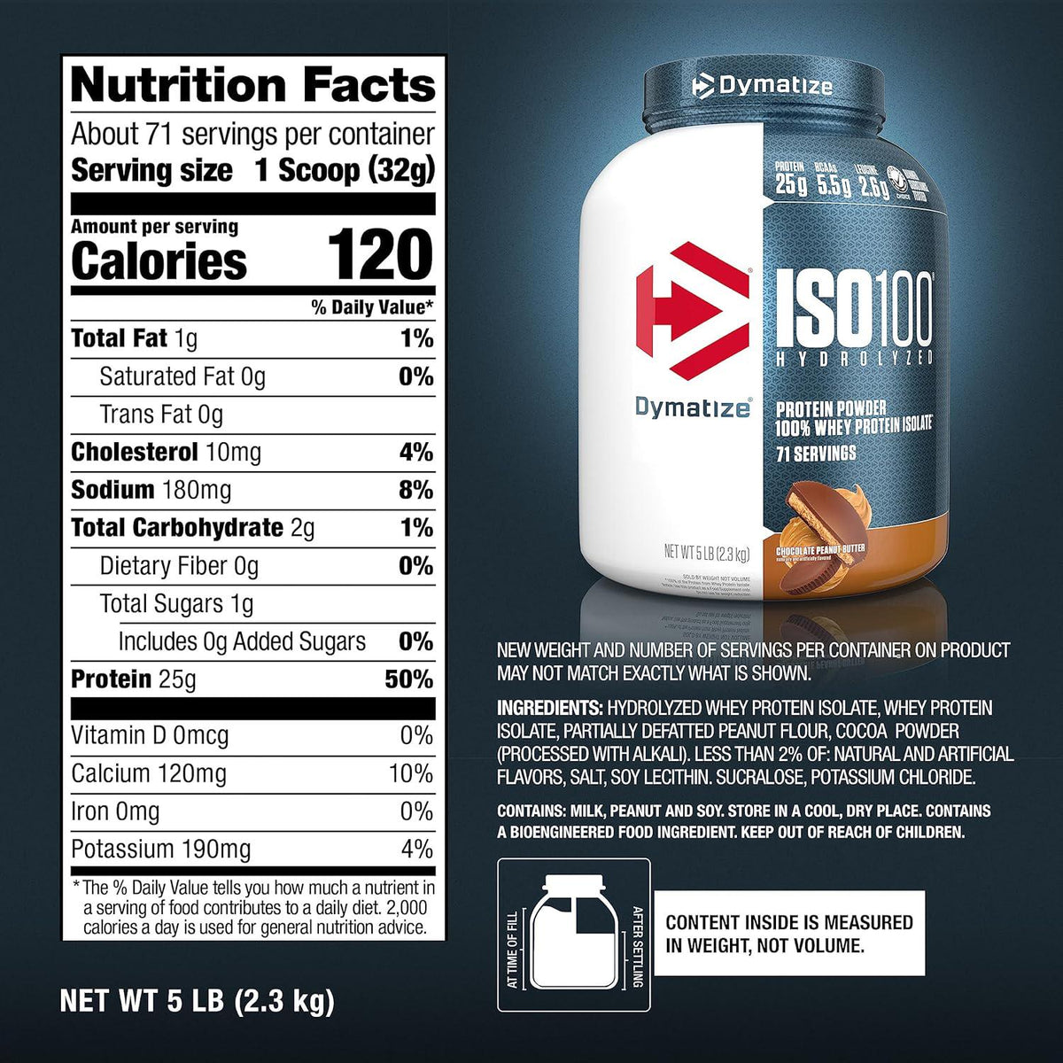Dymatize ISO 100 Whey Protein Powder With 25g Of Hydrolyzed 100% Whey Isolate, Chocolate Peanut Butter, 5 Pound,