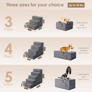 EHEYCIGA 4-Step Dog Stairs for Bed, 18" High, Non-Slip Pet Ramp for Small Dogs & Cats, Indoor Grey Steps
